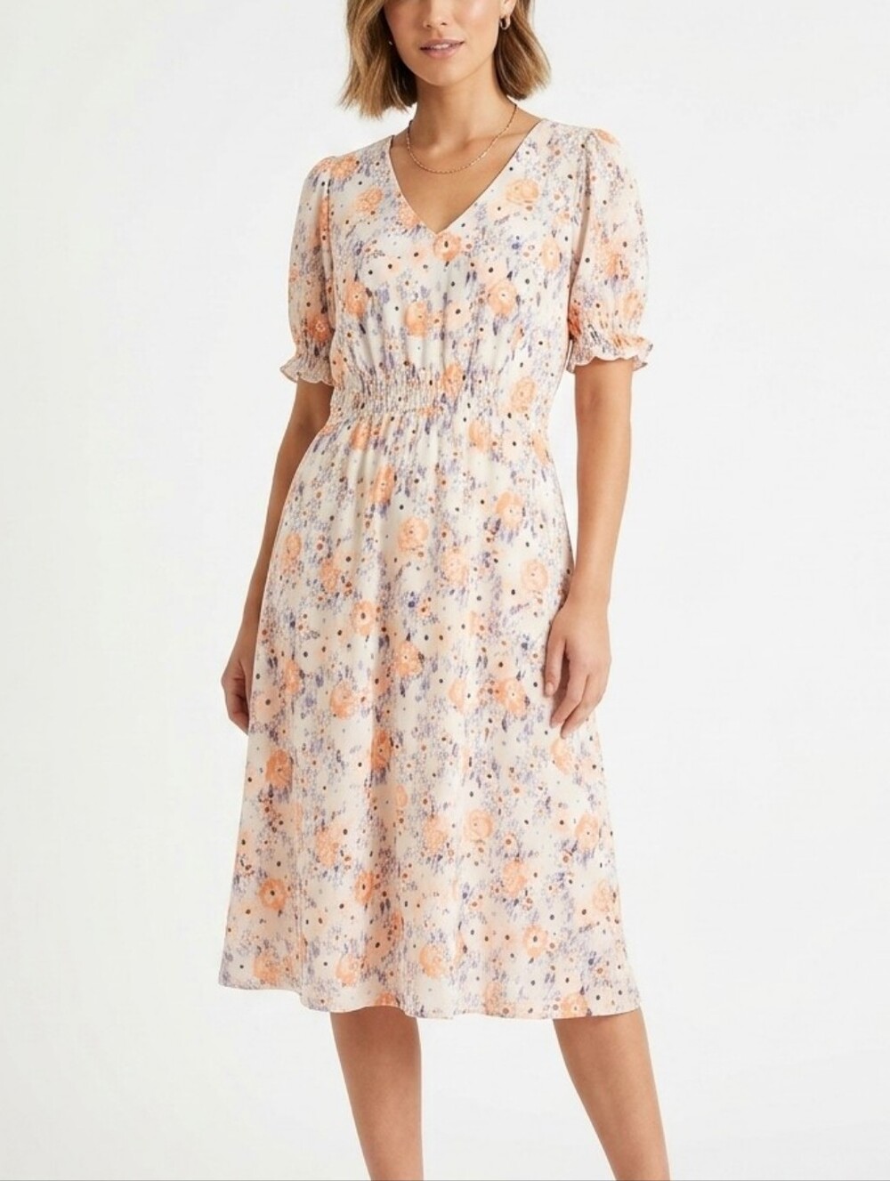 Ann Taylor LOFT puff sleeve floral midi dress 10